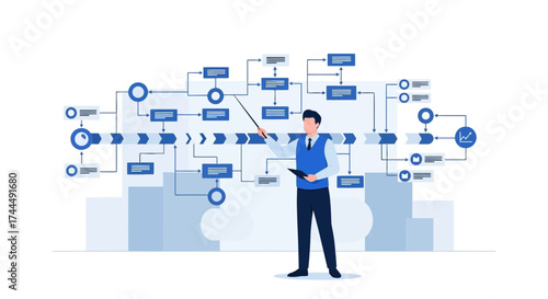 Business process presentation schematic with male character and visual diagram in a flat style