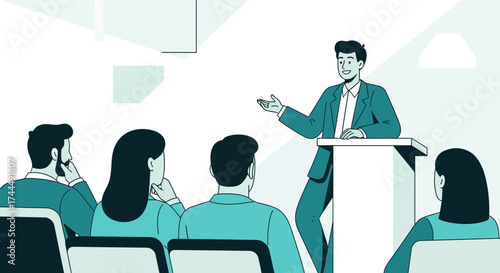 Business Presentation Illustration: A Dynamic Depiction of Public Speaking in a Conference