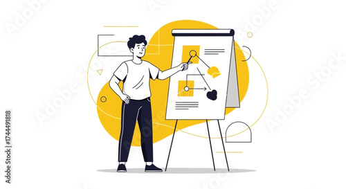 Business Presentation Illustration: A Person Detailing Analysis On A Whiteboard With Yellow