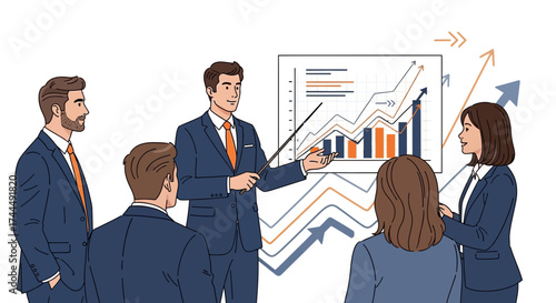 Business presentation illustration featuring a team of professionals analyzing financial performance charts