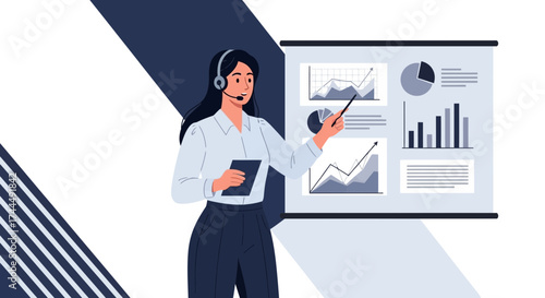 Business Presentation Illustration Featuring Analysis, Graphs, And A Female Presenter
