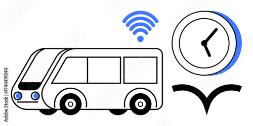 Bus, clock, wireless signal, and abstract navigation element represent efficient, connected transit. Ideal for mobility, punctuality, commute, innovation scheduling technology smart city themes
