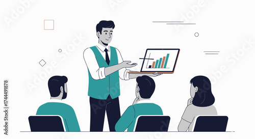 Business Presentation Illustration Showing Analytics and Information to a Team