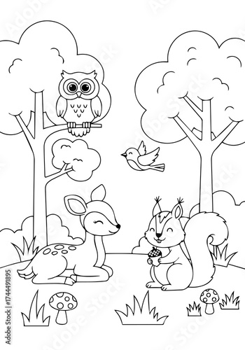 Whimsical Forest Friends Coloring Page for Children, Illustrating an Owl, Young Deer, Squirrel, and Bird in a Natural Habitat