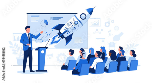 Business presentation about startup vision for ambitious growth and rocket launch metaphor
