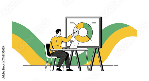 Business presentation of a person with a pie chart using a laptop and a board for analytics