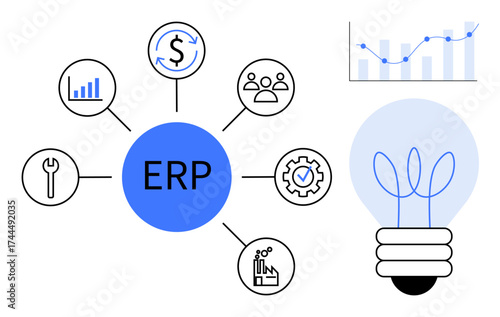 ERP hub links finance, analytics, people management, tools, and productivity. Graph and bulb signify growth and innovation. Ideal for business, efficiency, integration planning management