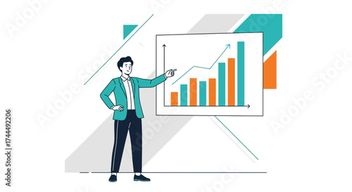 Business presentation cartoon illustration of a businessman presenting a growth chart