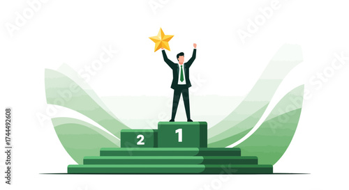 Business Professional Celebrates Success, Holding Star on Podium, Achieving Victory