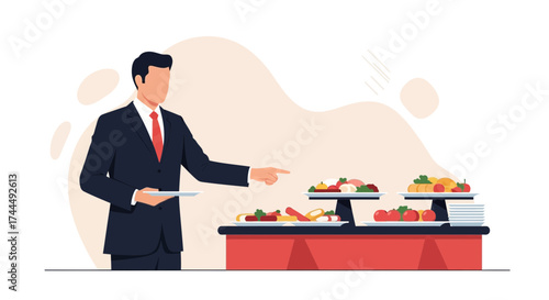 Business Professional Choosing Food At Buffet, Conceptualizing Dining And Event Catering
