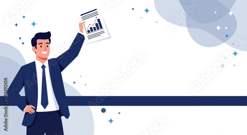 Business professional celebrating success showing financial growth on a chart of rising profits