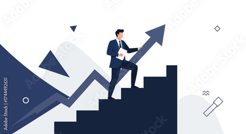 Business professional climbing up the stairs of success with an upward arrow illustration