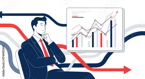 Business Professional Contemplating Graphical Data, Illustrating Market Trends and Financial