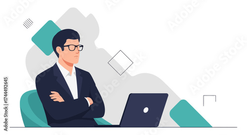 Business professional contemplating with laptop and working on project in office setting