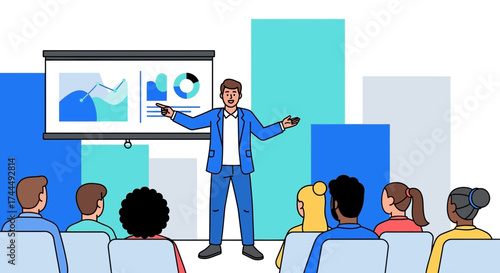 Business Professional Giving Presentation To Team, Explaining Data On the Projection Screen