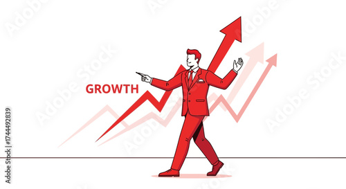Business Professional Guiding Financial Growth with Upward Trend Arrow Presentation Concept