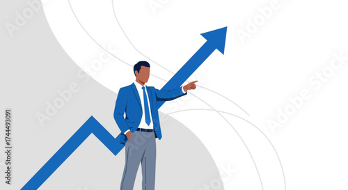 Business professional pointing at a rising arrow which symbolizes success and growth