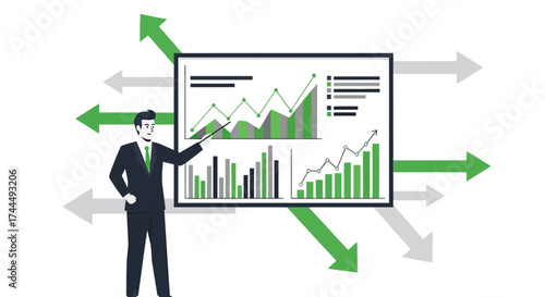 Business Professional Presenting Data Visualization with Arrows Indicating Growth and Analysis