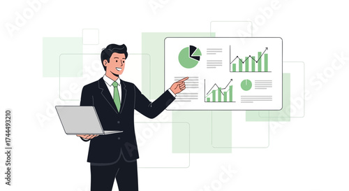 Business professional presenting data with charts and laptop for financial analysis