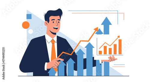 Business professional presenting financial growth and success with charts and upward arrows