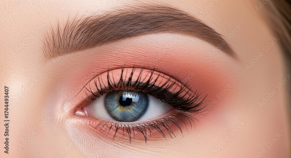 Obraz premium A high-detail, professional close-up photograph of a female eye with perfectly blended peach eyeshadow,