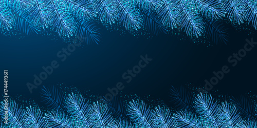 Glowing Christmas pine tree branches in blue tech style framing top and bottom, vector illustration