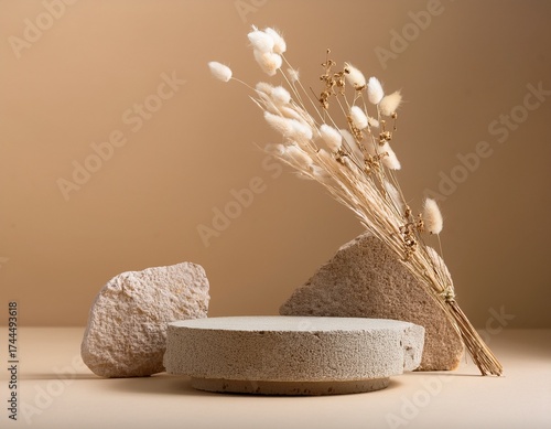 minimalist beige background with stone podium and dried flowers