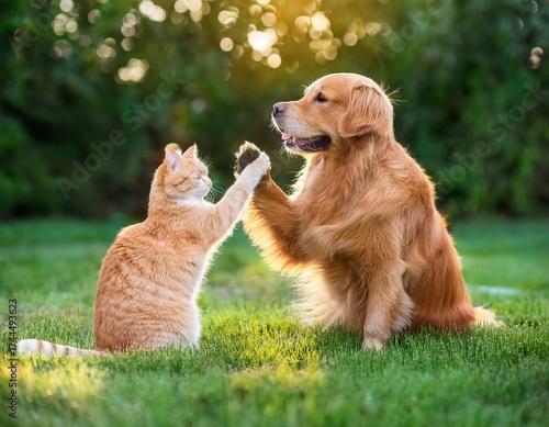 a golden retriever dog and a red cat high fiving on green grass in summer