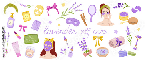 Vector set of personal care products with lavender: cosmetics, face mask, eye patches, cream, oil, collagen, retinol, massage roller, comb, candles, flowers. Illustration of beauty procedure.