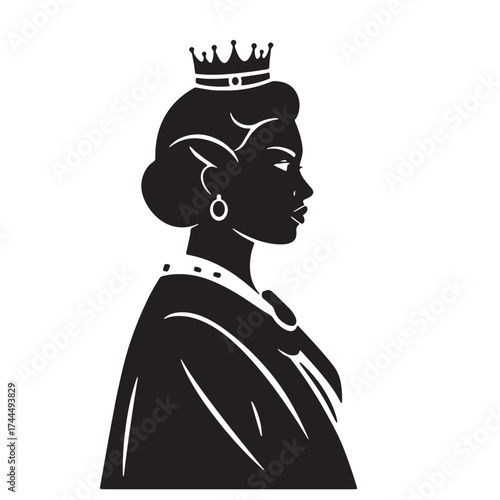 Silhouette of a queen wearing a crown and earrings Keywords: queen, silhouette, crown, royalty