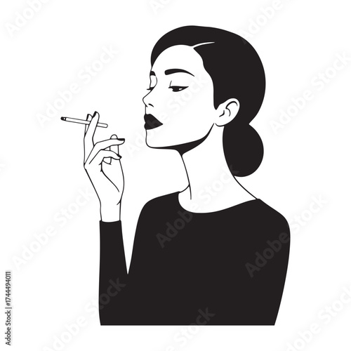 Woman with Updo Smoking Cigarette Black and White profile