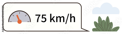 Speed reading inside a speech bubble with analog speedometer, beside minimalistic bush and cloud. Ideal for transportation, eco-driving, speed control, progress, technology, environment, simple flat