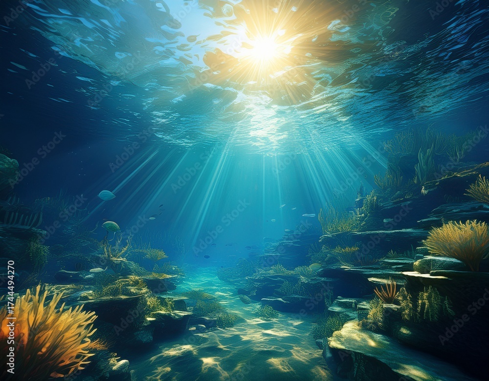 Fototapeta premium deep underwater scene with sun rays shining through the water surface