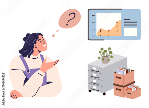 Woman thinking with a question mark bubble, a chart with growth trends, cabinet with plant, and storage boxes. Ideal for analytics, planning, strategy, productivity, decision-making organization
