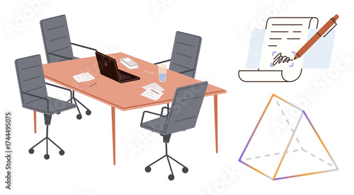 Office layout with a meeting table, chairs, laptop, documents, pen signing contract, and geometric 3D shape. Ideal for teamwork, collaboration, decision-making creativity productivity agreements