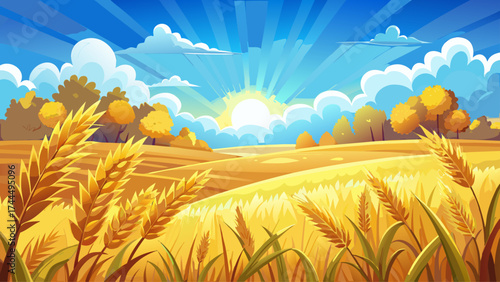 Very beautiful Wheat field under bright sun and blue sky with clouds