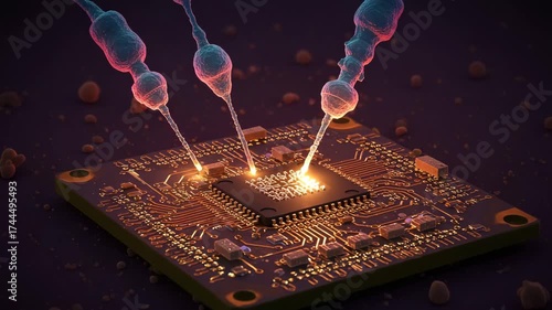 Biomorphic Probes Activating Microchip Surface in Futuristic Macro Blue Glow