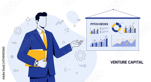 Business Professional Presenting Investment Strategies and Financial Data on Pitch Deck Diagram