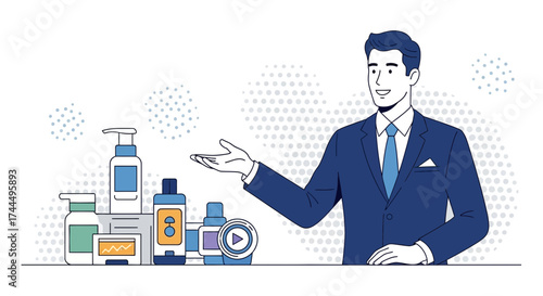 Business professional presenting products with a clean and modern flat vector illustration