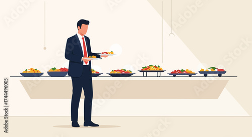 Business Professional Selecting Food At A Buffet Table During An Event Or Meeting