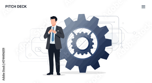 Business Professional Standing by Gear Symbolizing Collaboration and Technological Integration