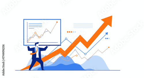 Business Progress Highlighted By Upward Arrow And Presentation Of Data Analysis Showing Growth