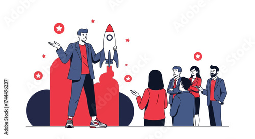 Business Team Celebrating Successful Launch Of Creative Project With Rocket Illustration