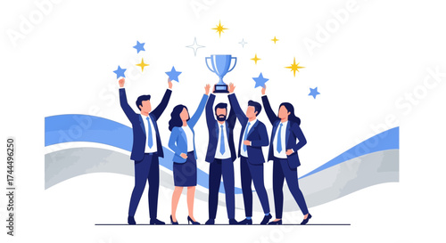 Business team celebrating their victory with a trophy and holding up stars to show success