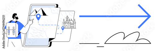 Man with backpack checking tablet map with location pin, mountain, and castle imagery, large arrow pointing forward. Ideal for travel, exploration, adventure, navigation, journey planning digital