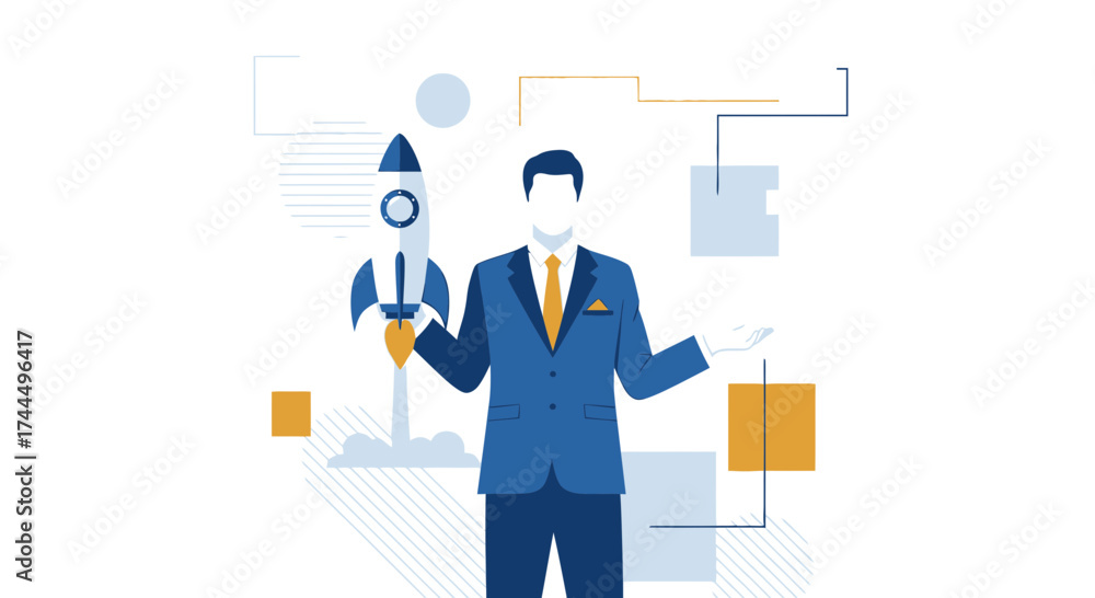Obraz premium Businessman and Rocket Launch Concept Illustrating Startup and Business Innovation