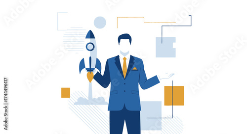 Businessman and Rocket Launch Concept Illustrating Startup and Business Innovation