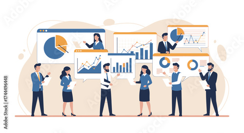 Business team illustration discussing analytics and data on screen panels for presentation