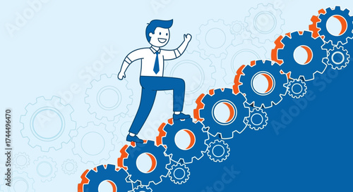 Businessman Ascending Gears, Representing Progress, Success, and Strategic Advancement.