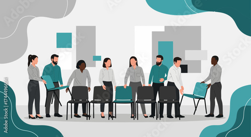 Business team setting up chairs, organization, and team work for a corporate meeting
